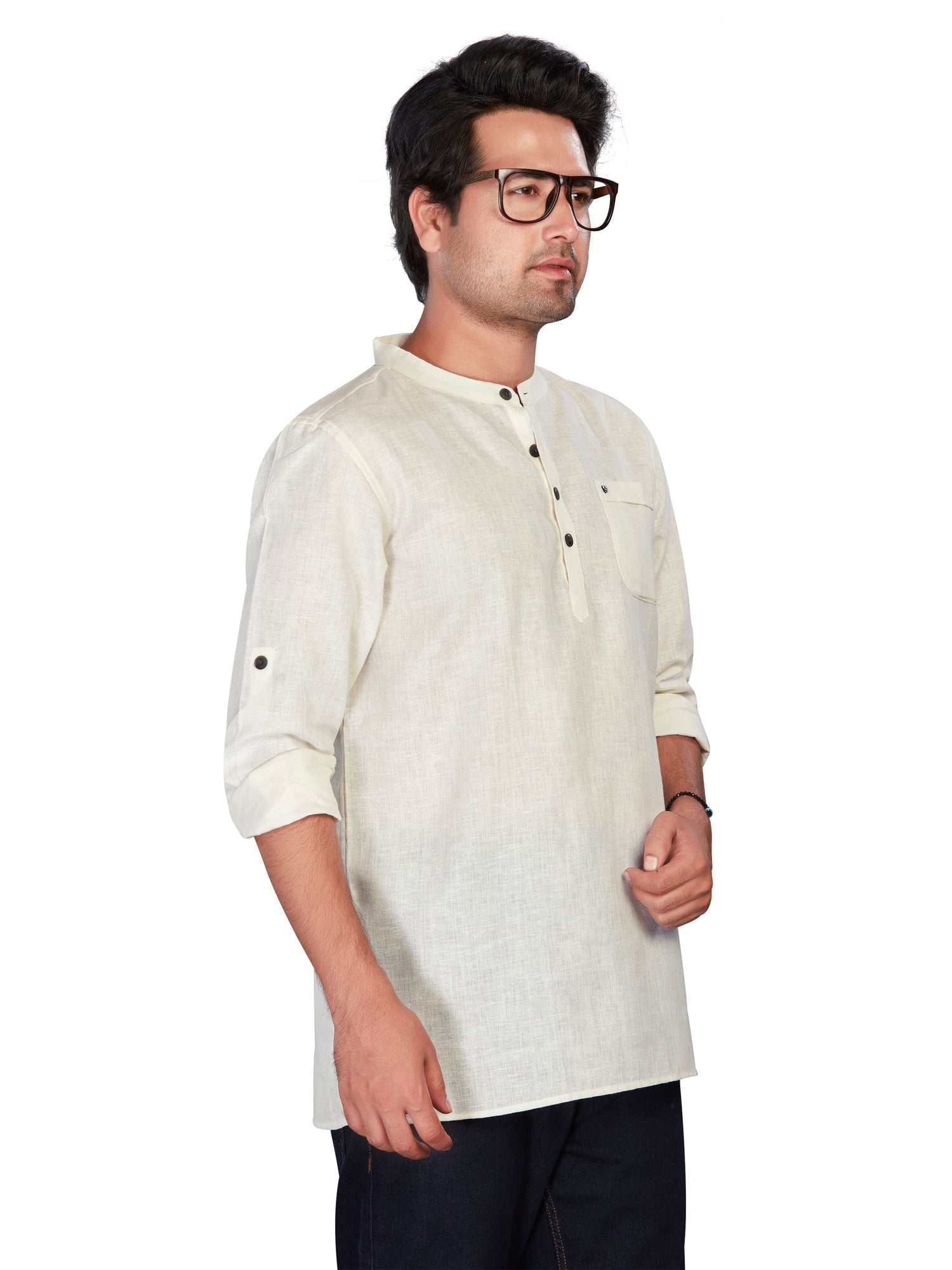 Linen Short Kurta for Men - Beige | SKSRLNCR38 | DesiQlo