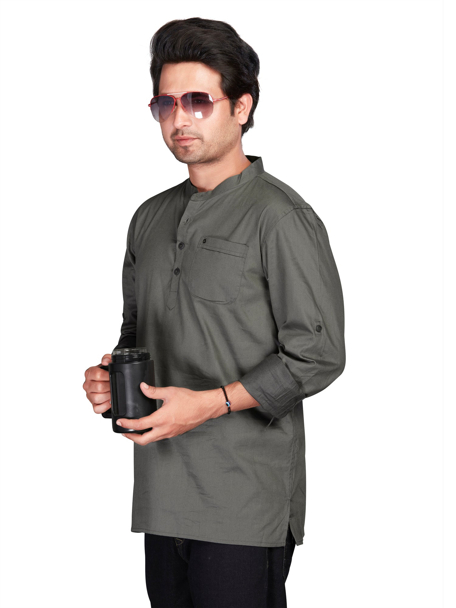 Cotton Short Kurta for Men - Grey | SKREJPGRY3 | DesiQlo