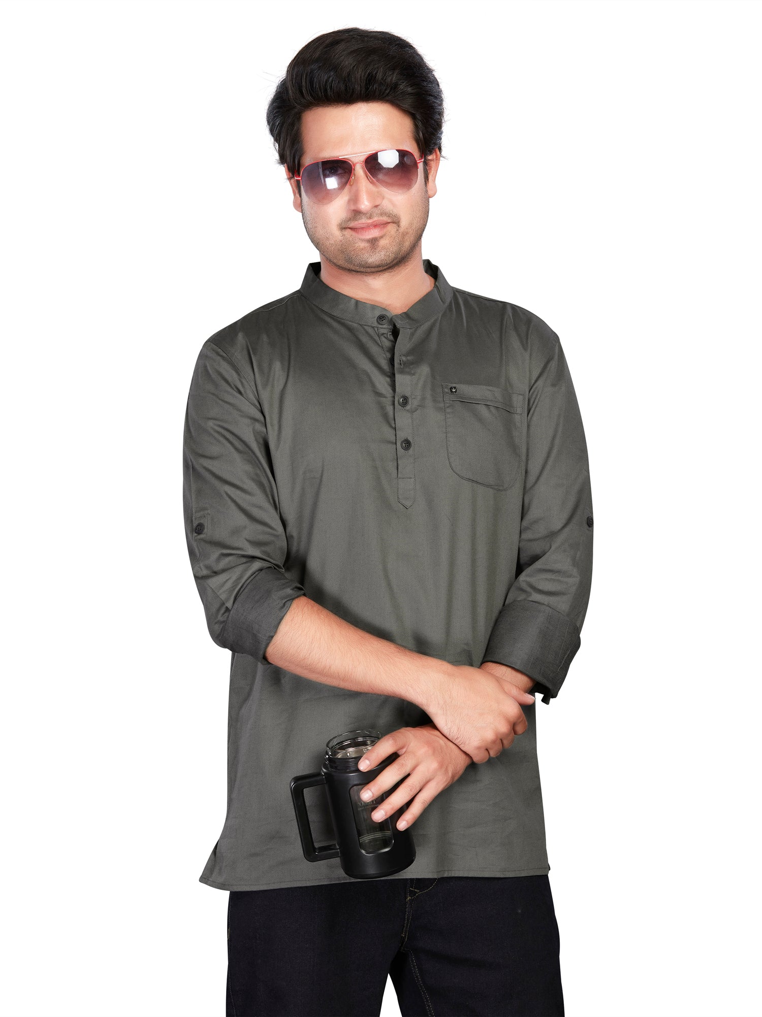 Cotton Short Kurta for Men - Grey | SKREJPGRY3 | DesiQlo