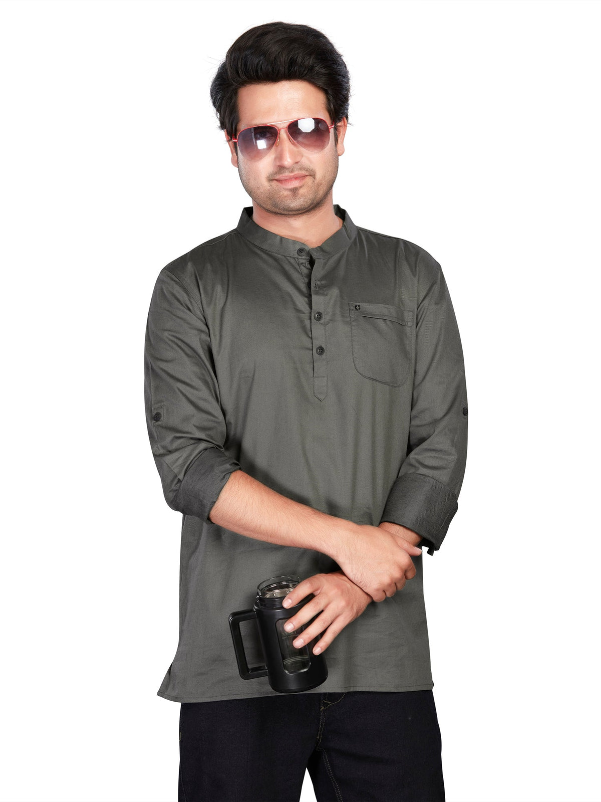 Cotton Short Kurta for Men - Grey | SKREJPGRY3