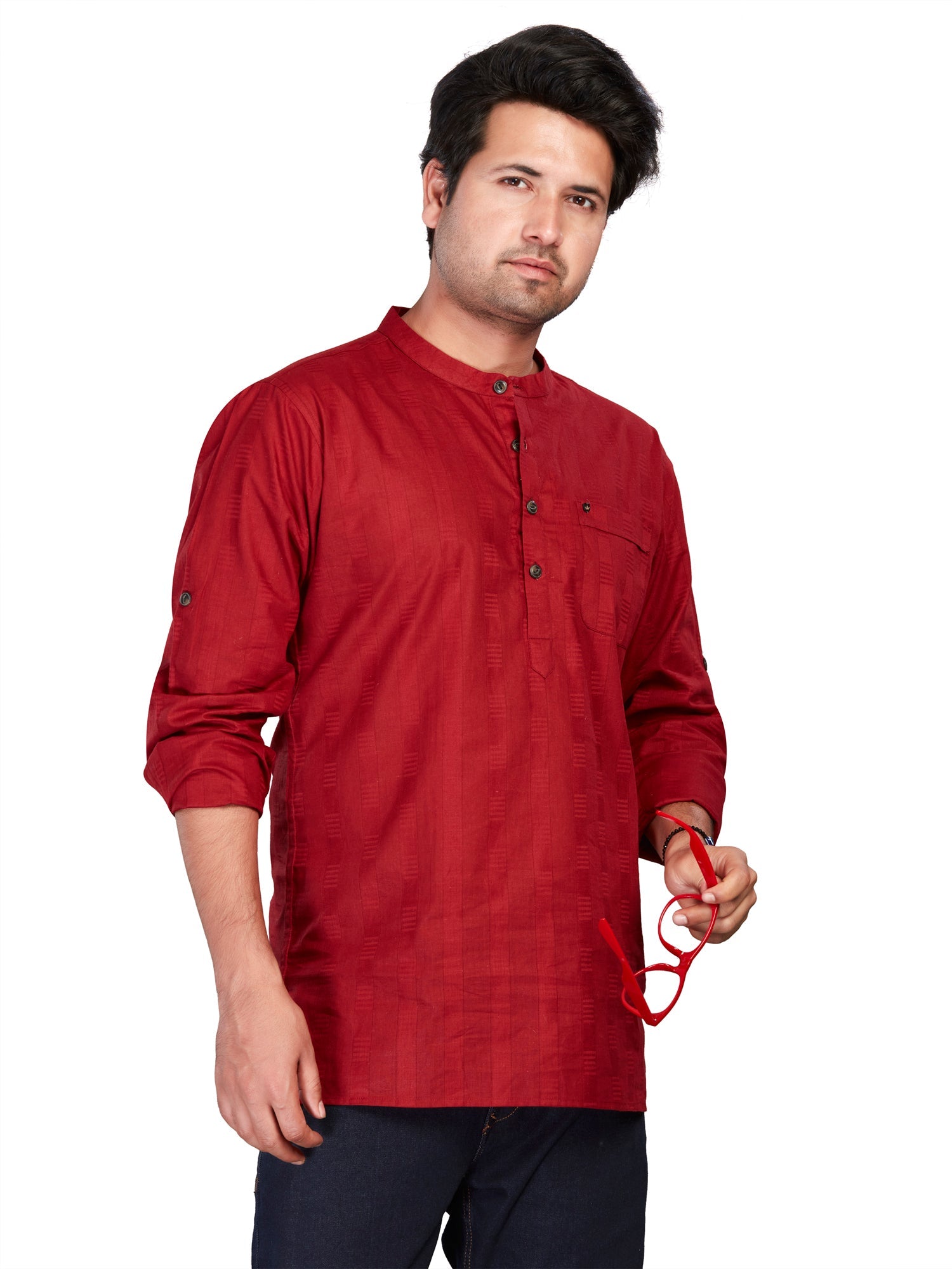 Cotton Short Kurta for Men - White | SKSRSTMAR3 | DesiQlo