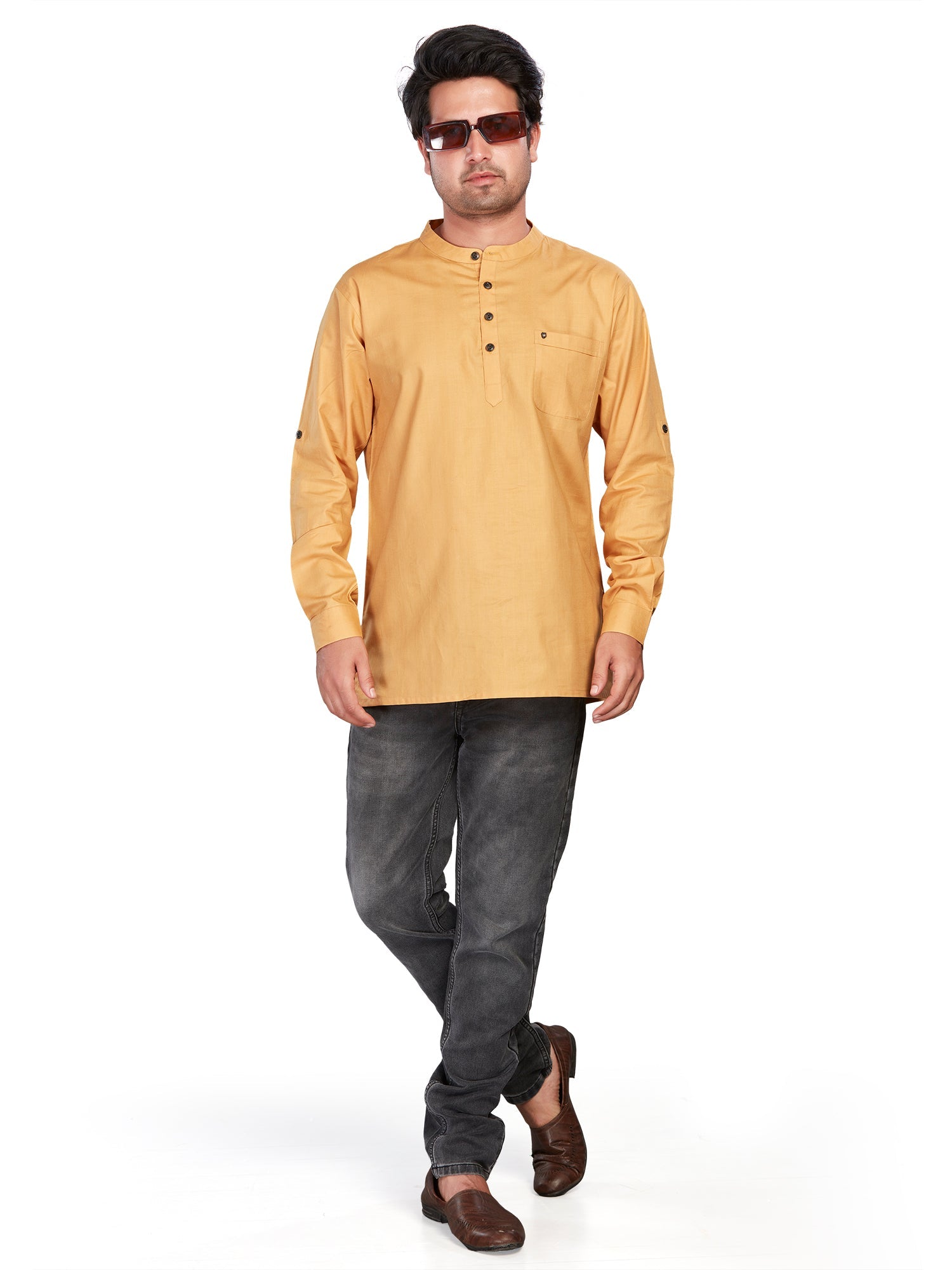 Cotton Short Kurta for Men - Gold | SKSRSSKHK3 | DesiQlo