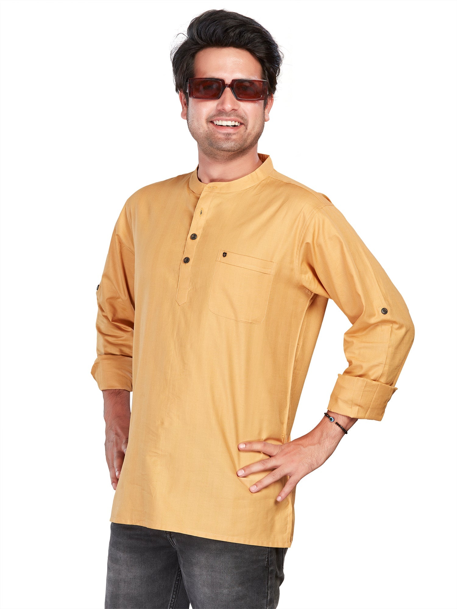 Cotton Short Kurta for Men - Gold | SKSRSSKHK3 | DesiQlo