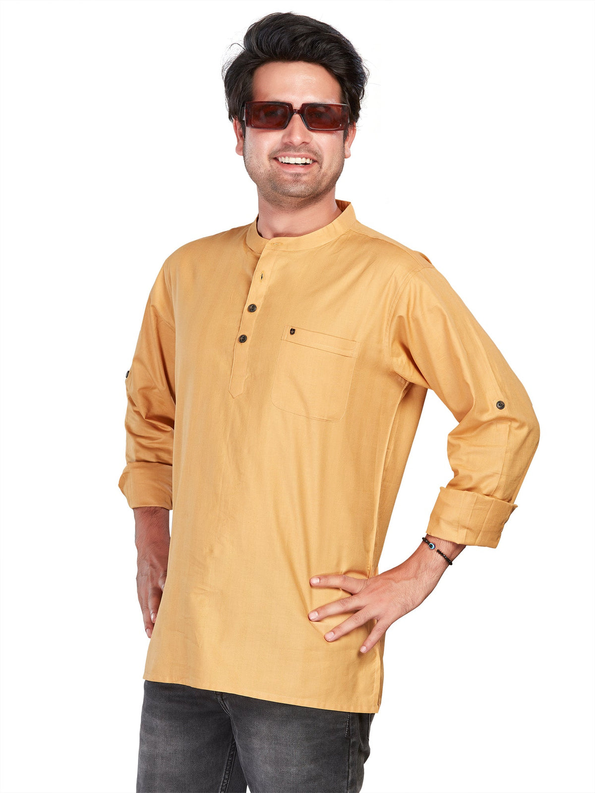 Cotton Short Kurta for Men - Gold | SKSRSSKHK3