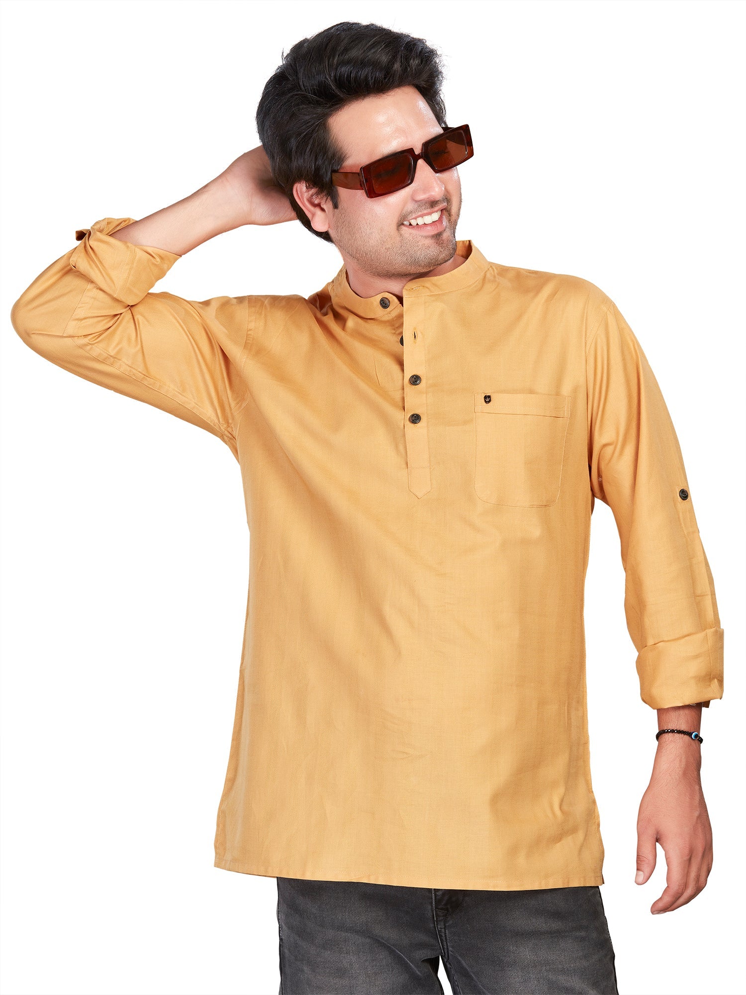 Cotton Short Kurta for Men - Gold | SKSRSSKHK3 | DesiQlo
