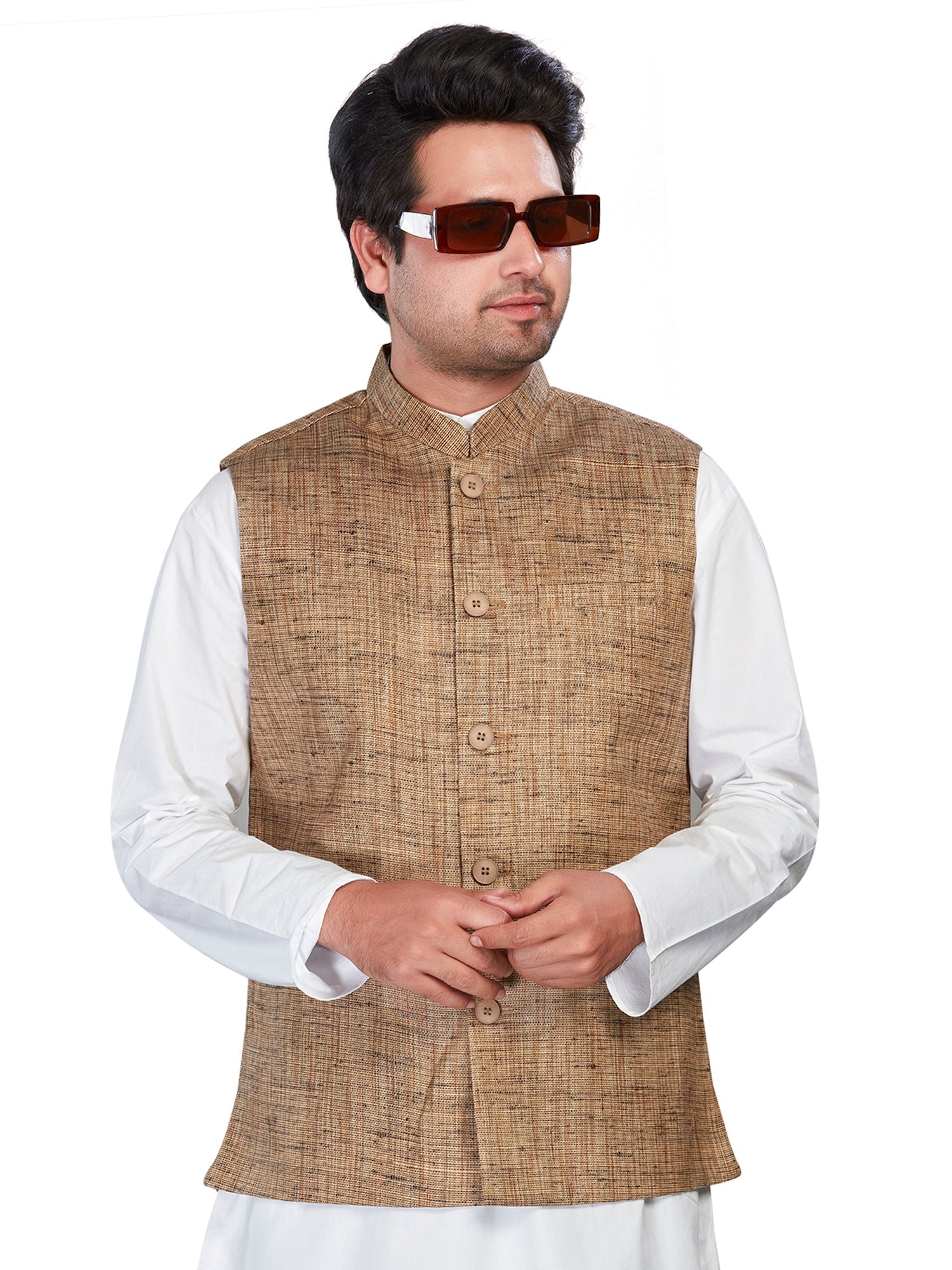 Cotton Nehru Jacket for Men - Brown | WCNVGKBR38 | DesiQlo