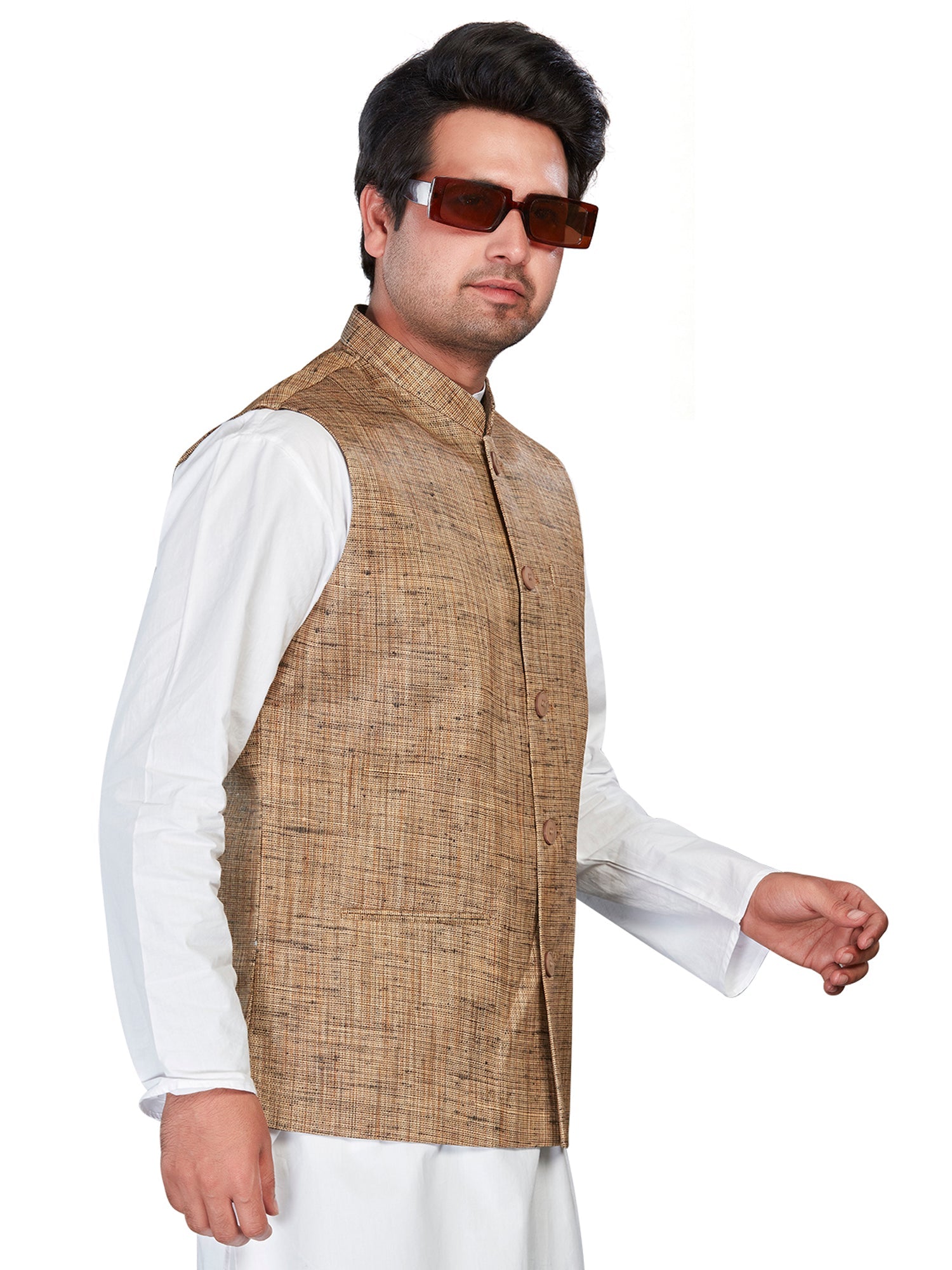 Cotton Nehru Jacket for Men - Brown | WCNVGKBR38 | DesiQlo