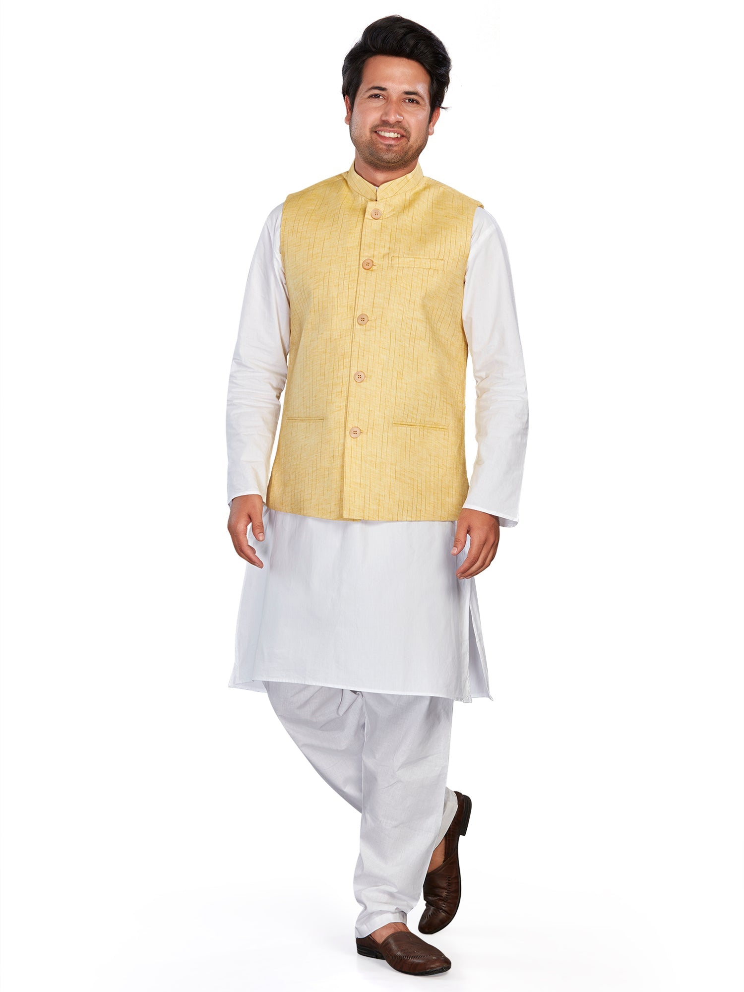 Cotton Nehru Jacket for Men - Yellow | WCNVRKYEL3 | DesiQlo