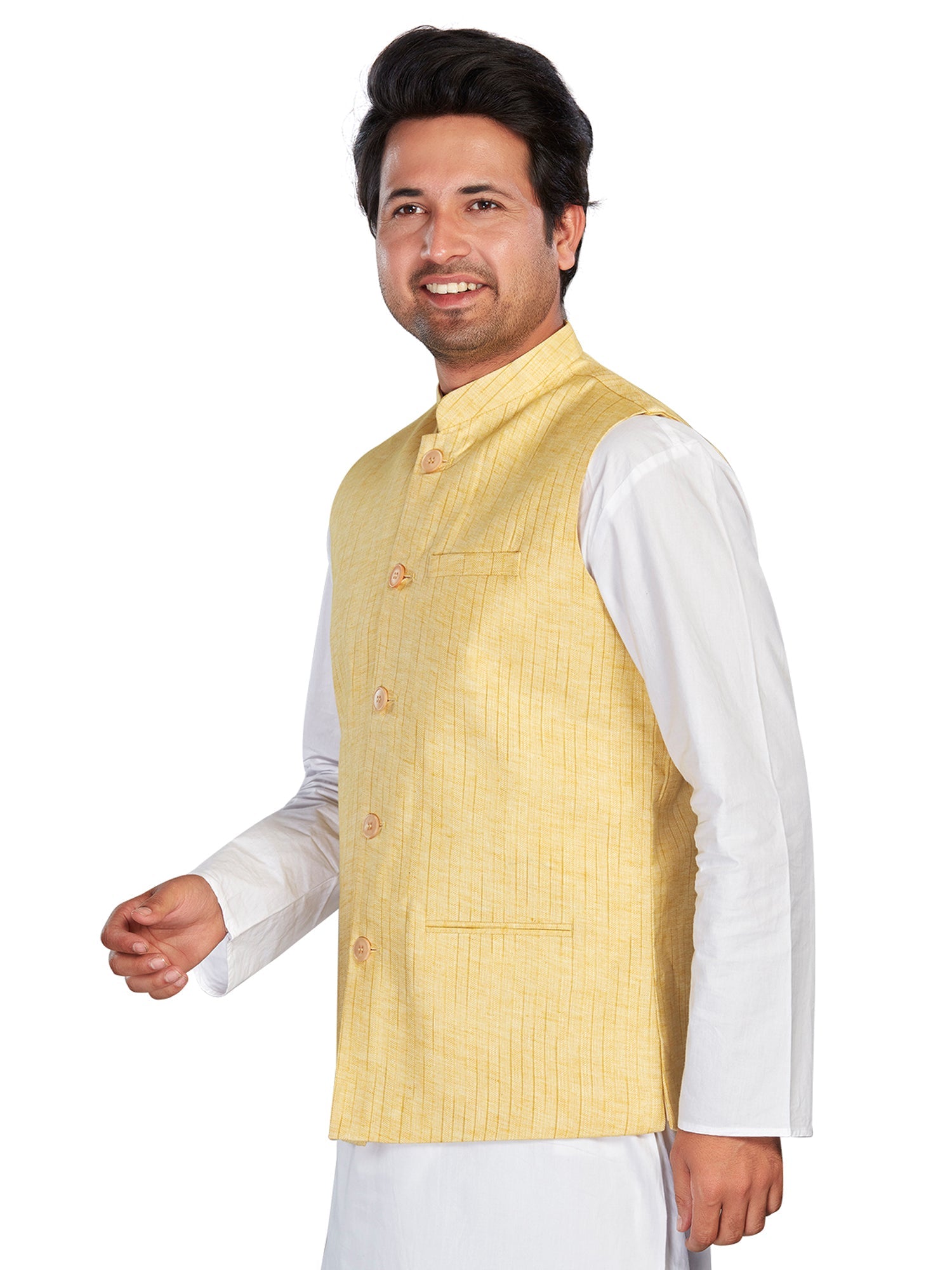 Cotton Nehru Jacket for Men - Yellow | WCNVRKYEL3 | DesiQlo