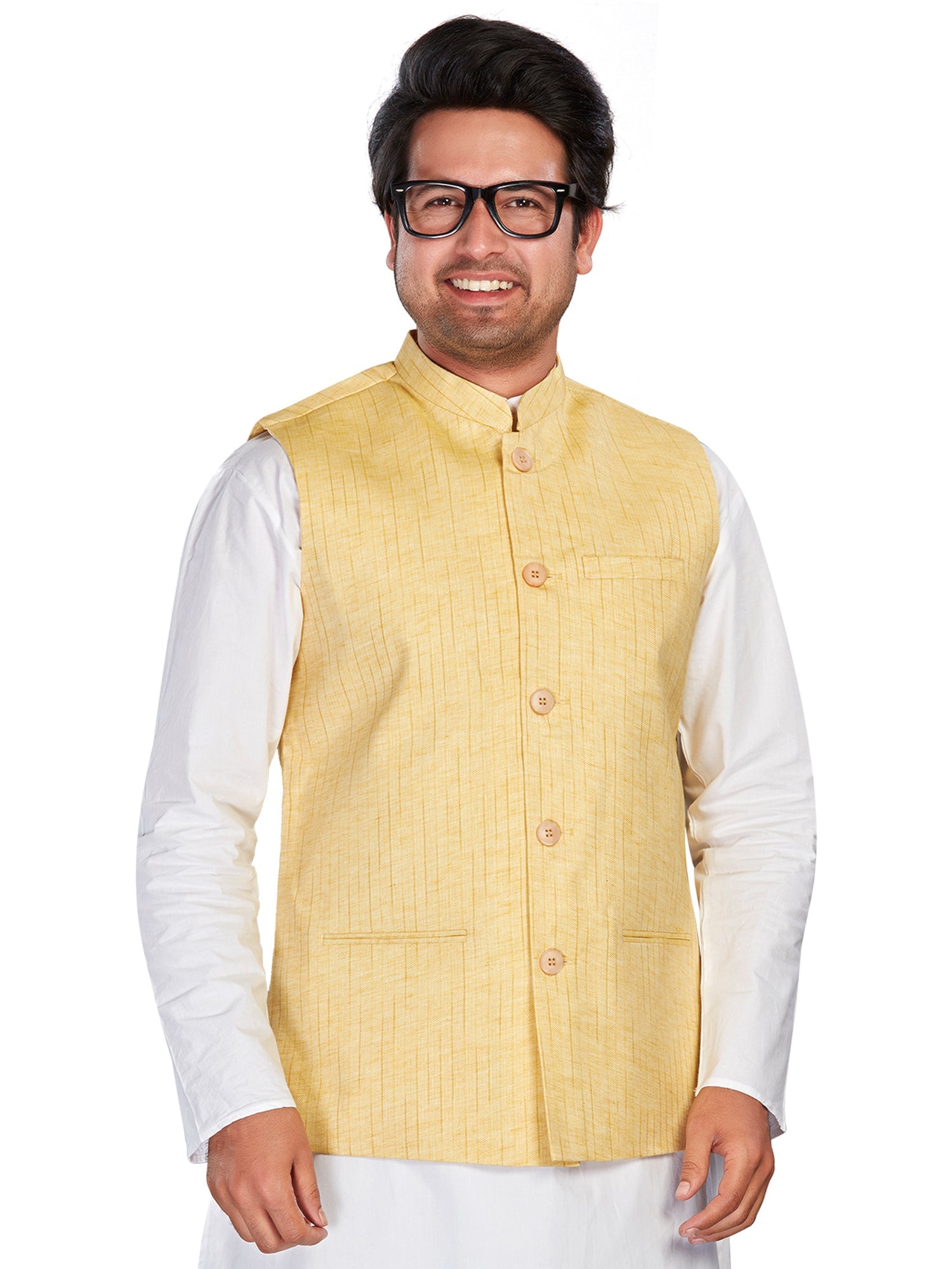 Cotton Nehru Jacket for Men - Yellow | WCNVRKYEL3 | DesiQlo