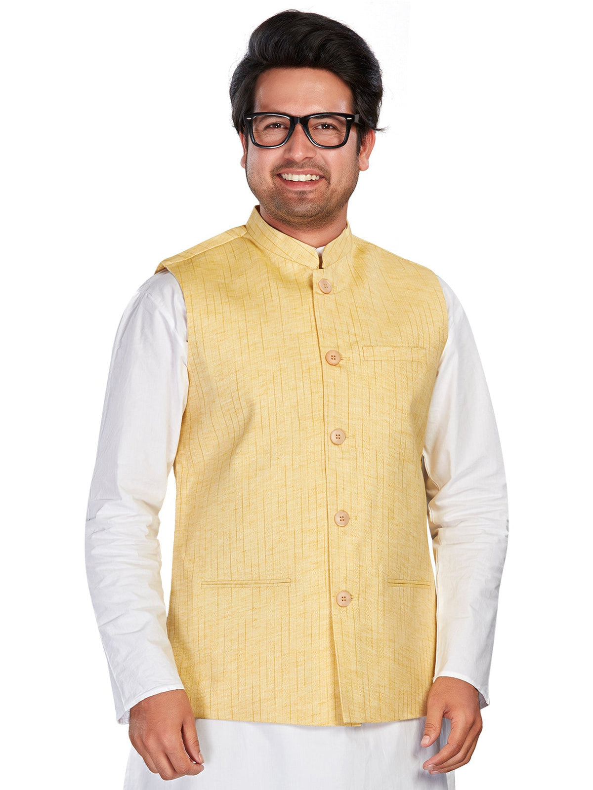 Cotton Nehru Jacket for Men - Yellow | WCNVRKYEL3