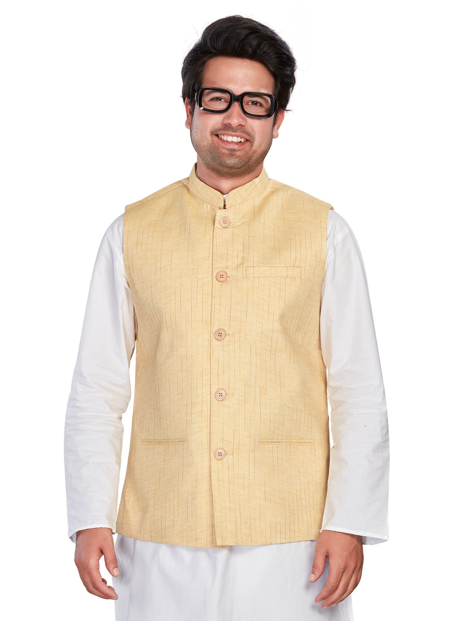 Cotton Nehru Jacket for Men - Yellow | WCNVRKYEL3 | DesiQlo