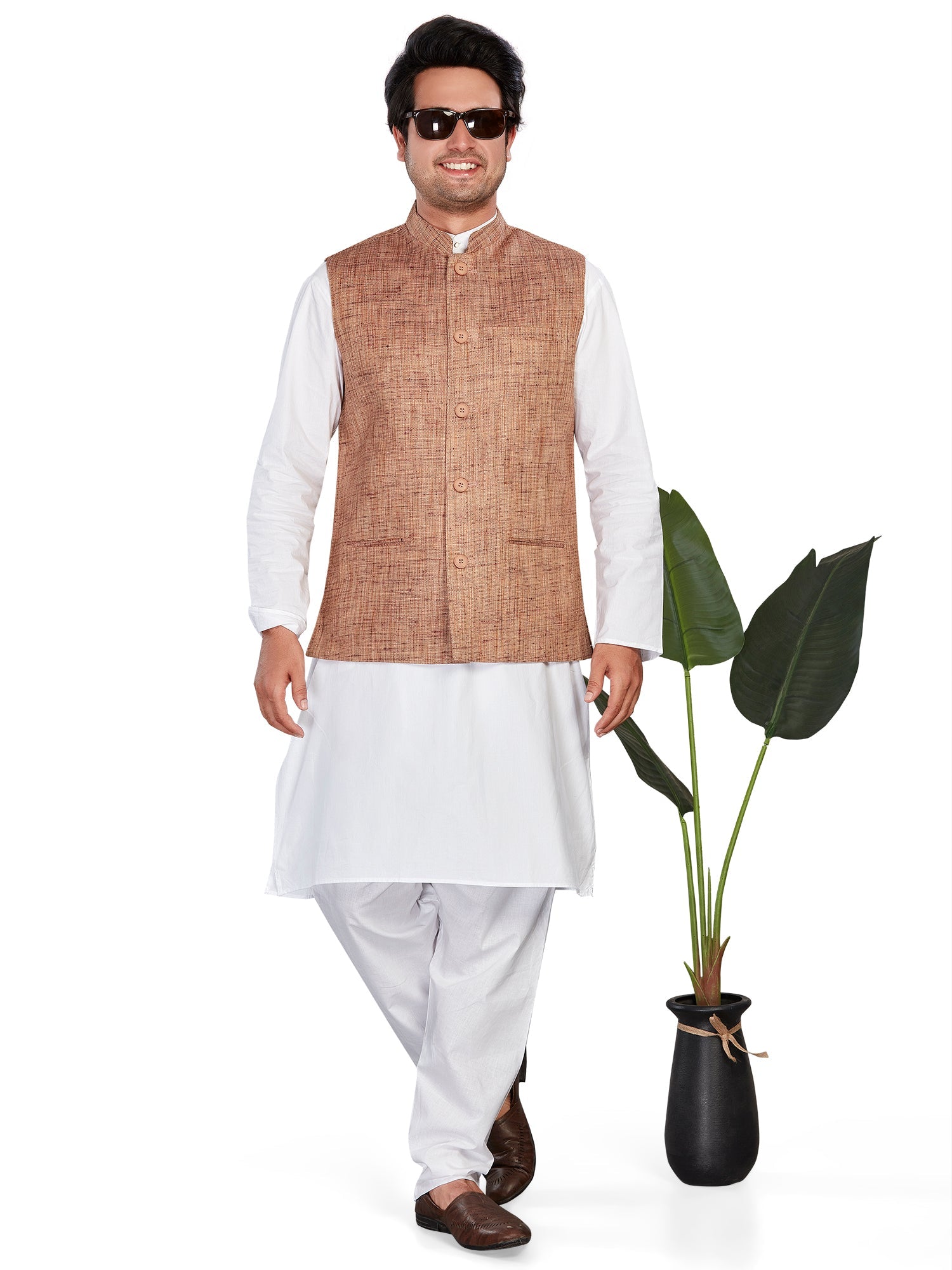 Cotton Nehru Jacket for Men - Brown | WCNVGKMR38 | DesiQlo