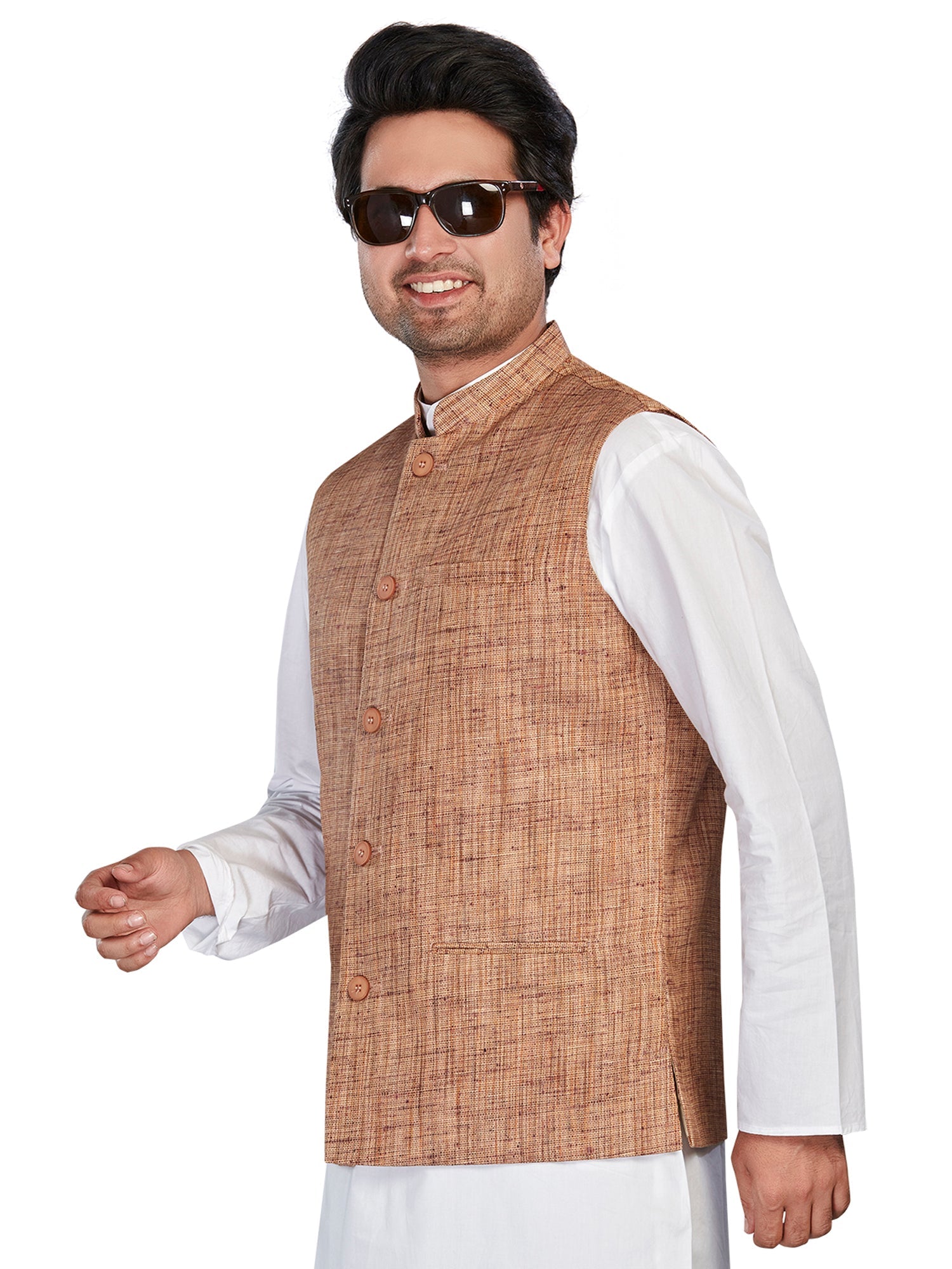 Cotton Nehru Jacket for Men - Brown | WCNVGKMR38 | DesiQlo
