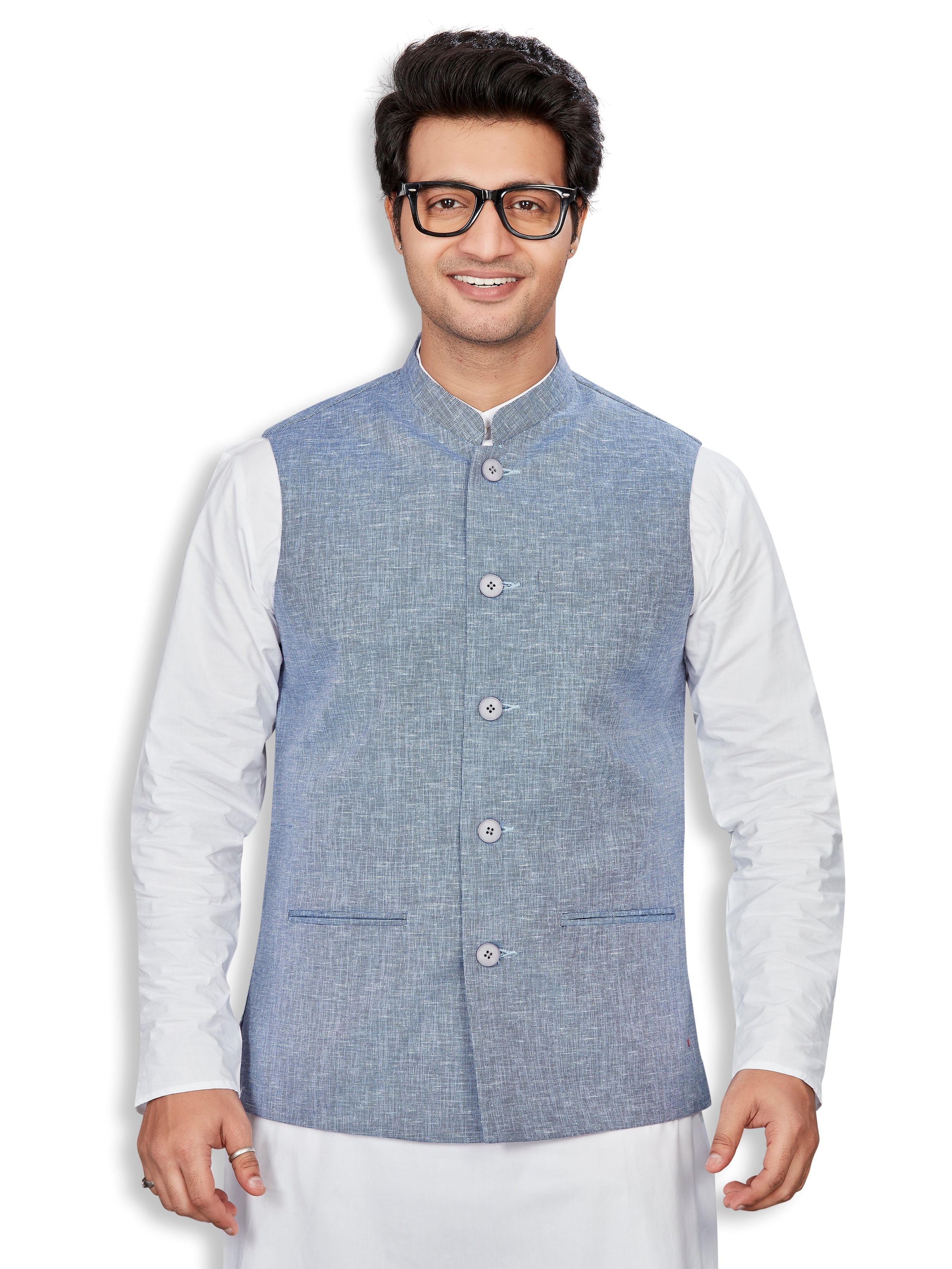 Linen Nehru Jacket for Men - Blue | WCSR1088DN | DesiQlo