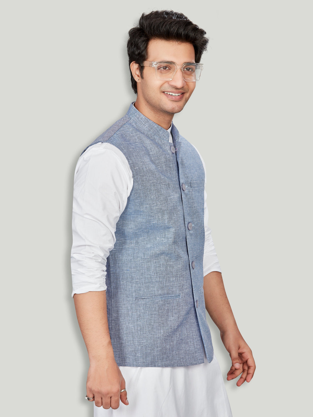 Linen Nehru Jacket for Men - Blue | WCSR1088DN