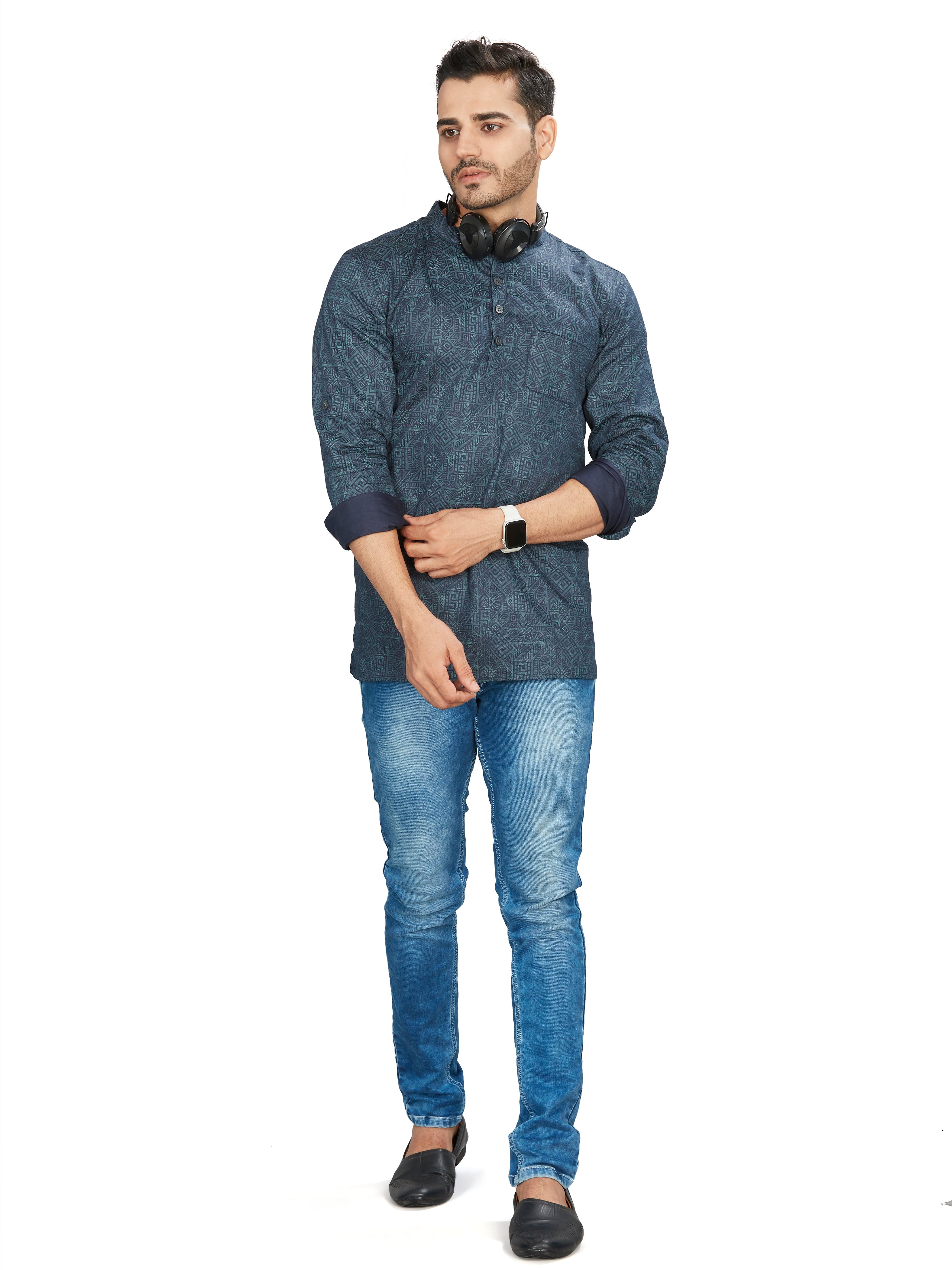 Cotton Short Kurta for Men - Multicolor | SKAVSPBBLU | DesiQlo