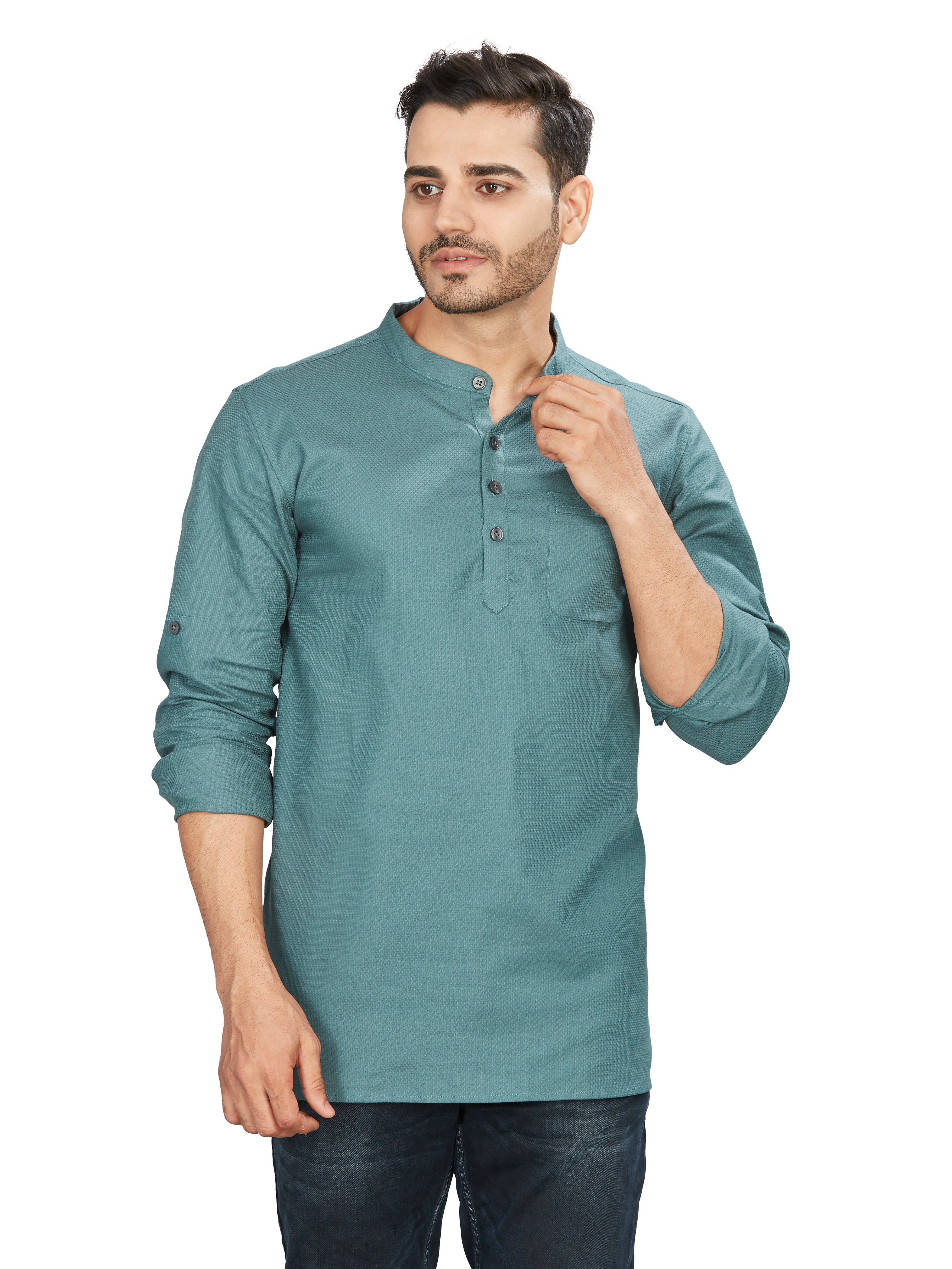 Cotton Short Kurta for Men - Green | SKMYPSGTN3 | DesiQlo