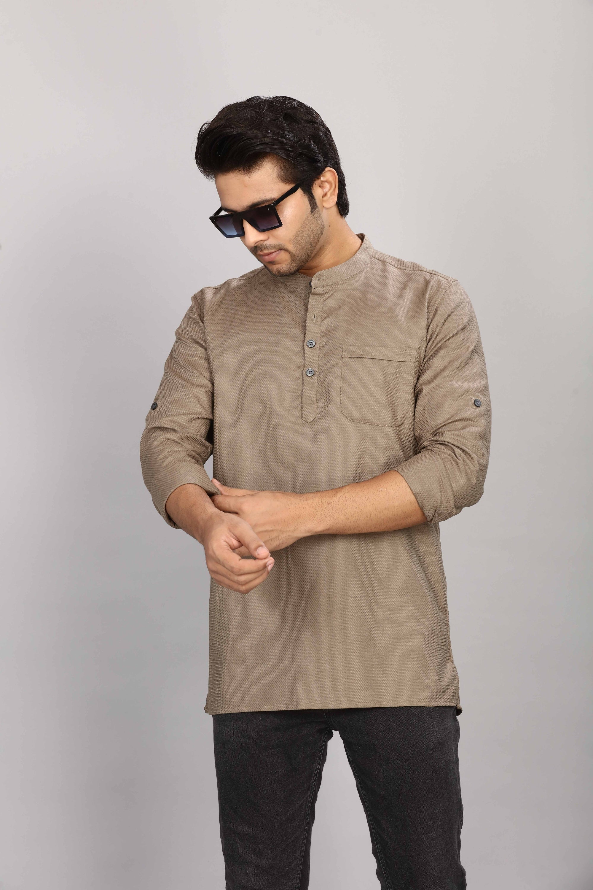 Cotton Short Kurta for Men - Brown | SKMYPSBR38 | DesiQlo
