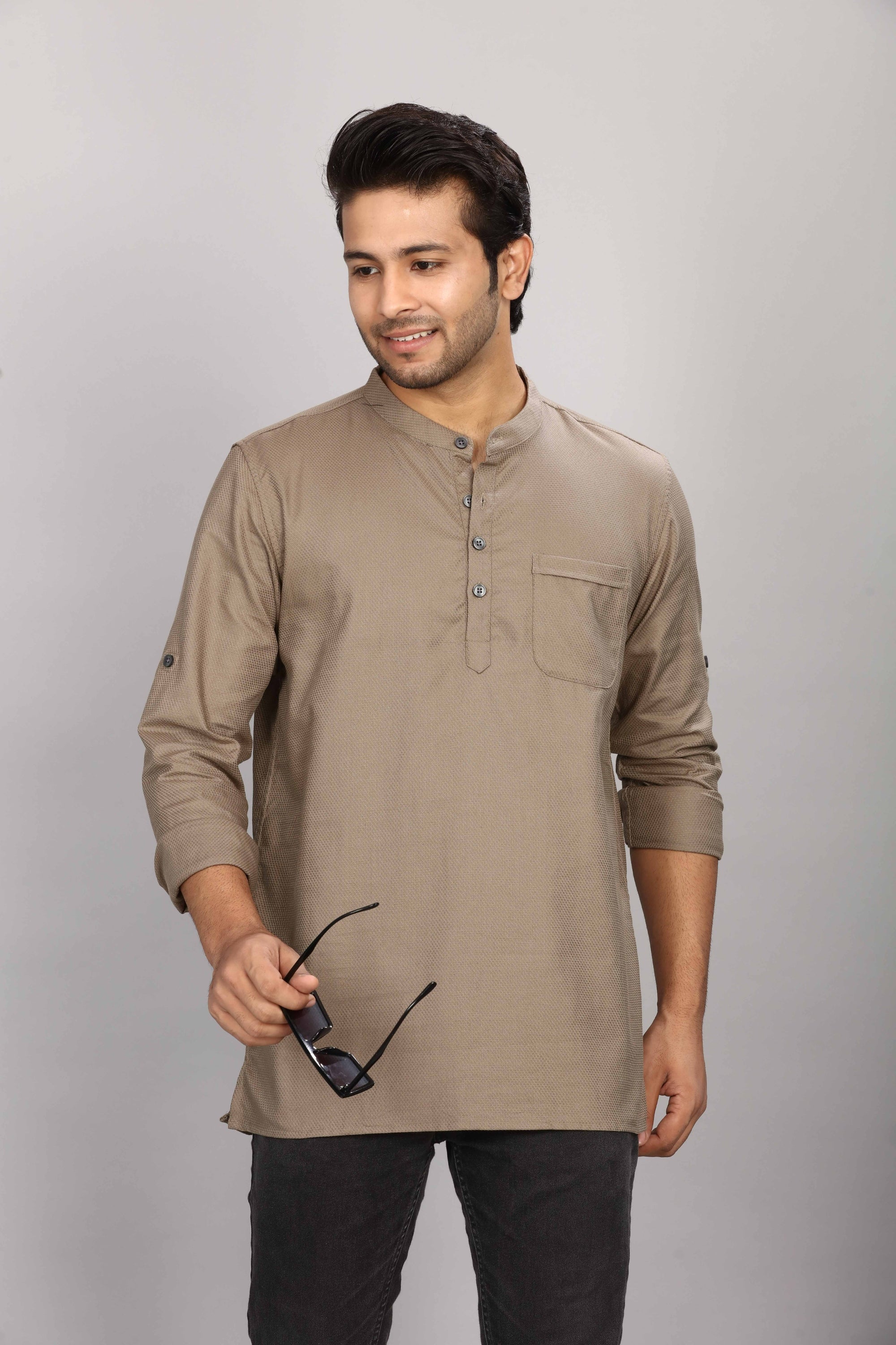 Cotton Short Kurta for Men - Brown | SKMYPSBR38 | DesiQlo