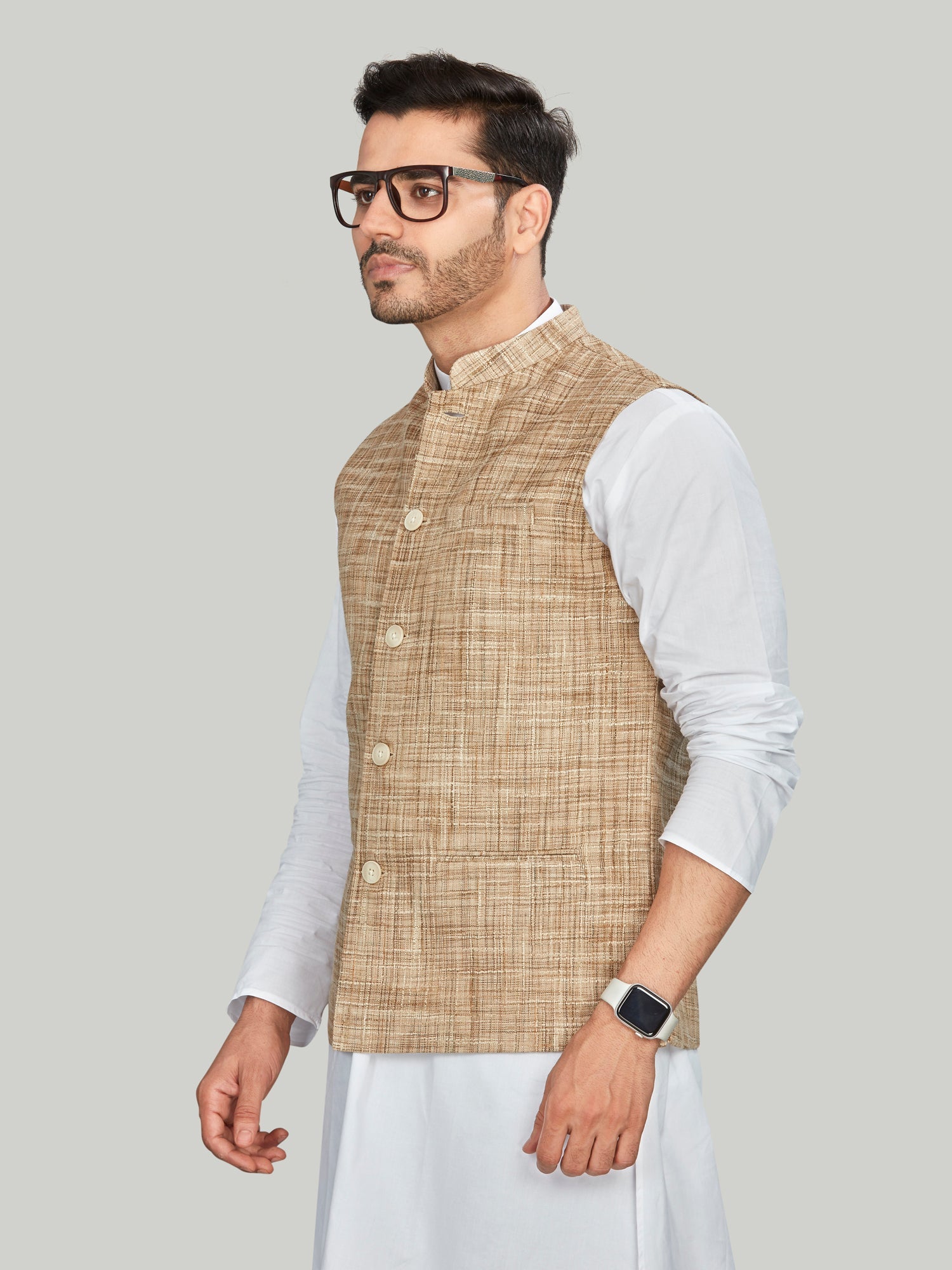 Cotton Nehru Jacket for Men - Beige | WCNVUKBE38 | DesiQlo
