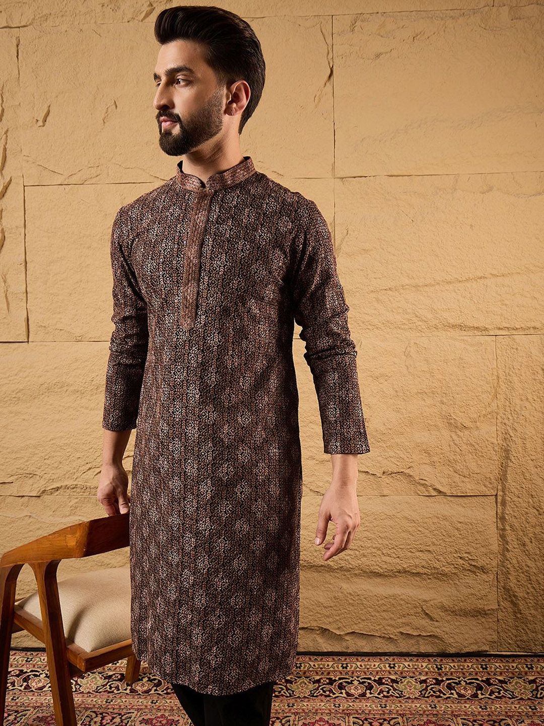 Ethnic Bay Mens Brown Viscose Rayon Ethnic Motifs Embroidered Chikankari Straight Kurta With Pant Set-MKSET1164