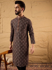 Ethnic Bay Mens Brown Viscose Rayon Ethnic Motifs Embroidered Chikankari Straight Kurta With Pant Set-MKSET1164