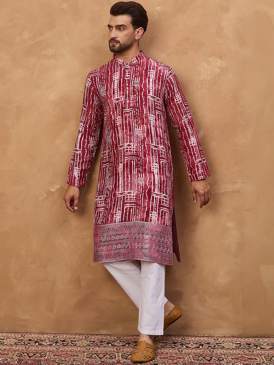Ethnic Bay Men Red Viscose Rayon Batik Embroidered Straight Kurta With Pant Set-MKSET1499