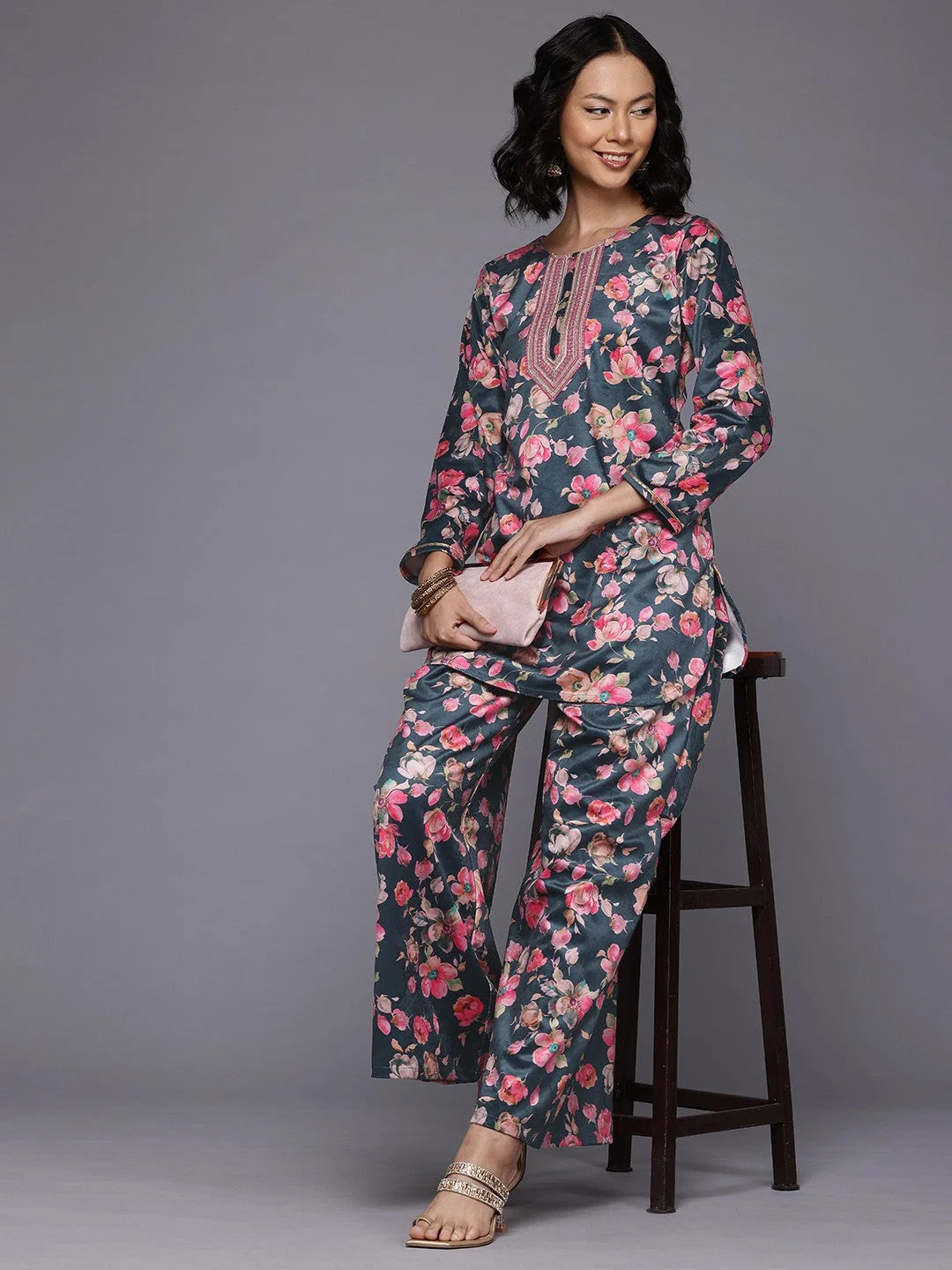 Floral Print Velvet Tunic With Palazzos-AHTUPZ-COMBO-1028
