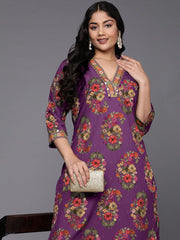 Plus Size Floral Printed Straight Sequinned Kurta with Trousers-AP-AHKUPN-COMBO-1004