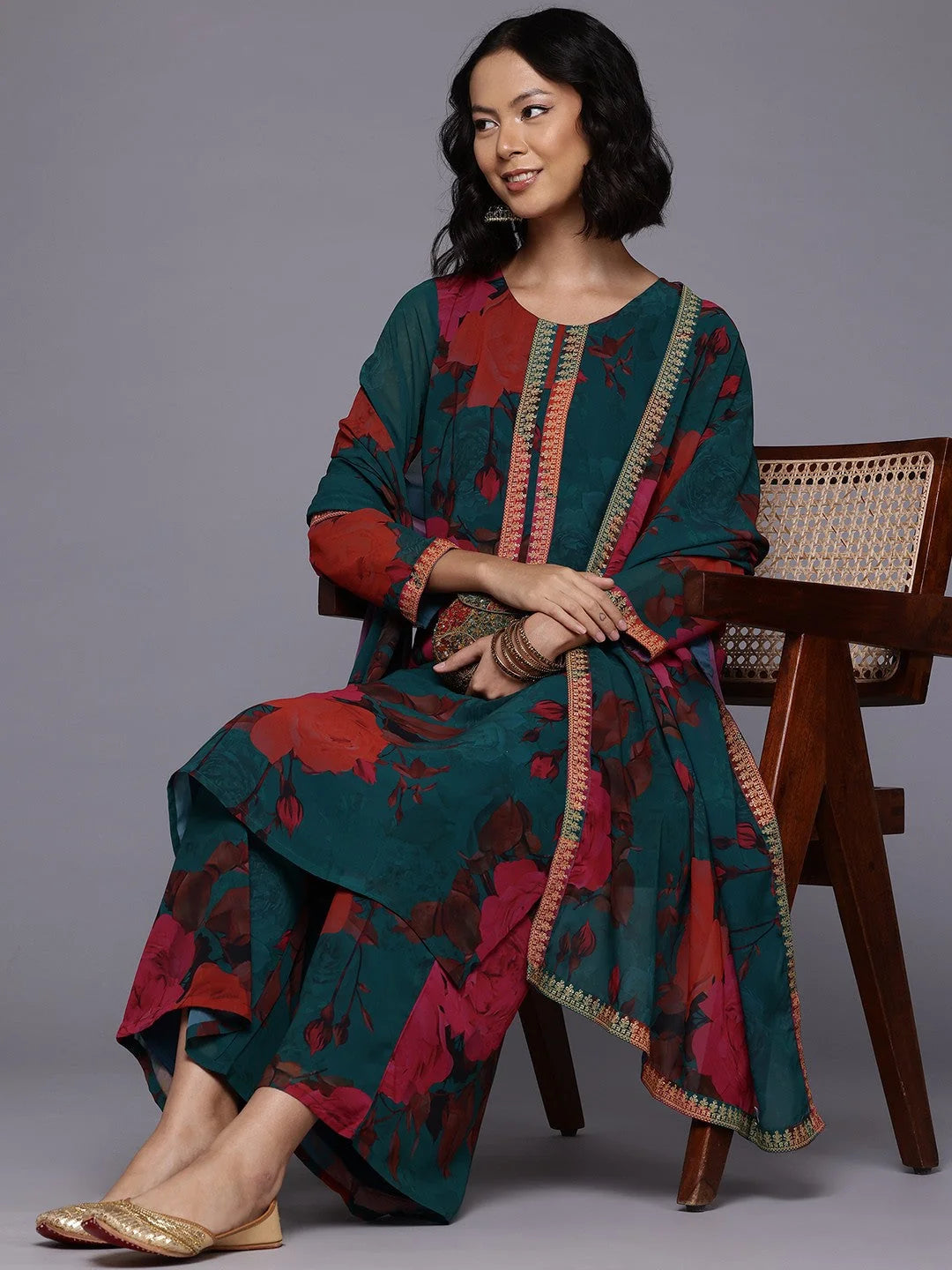 Floral Women's Palazzo Sets - Printed Kurta with Dupatta