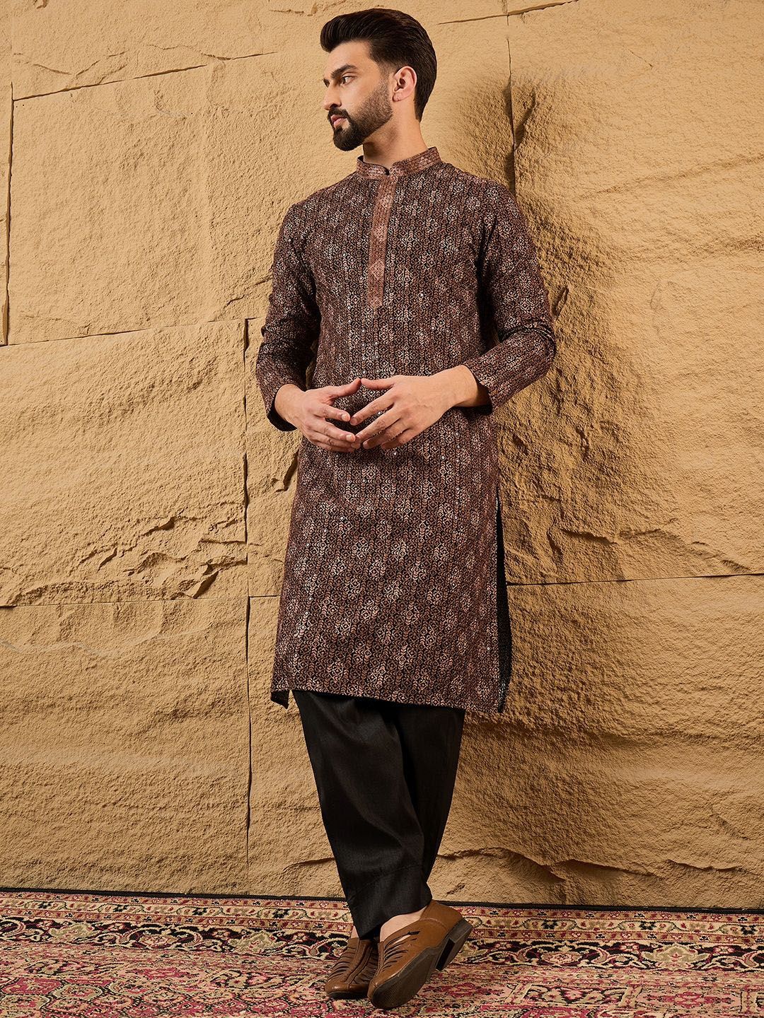 Ethnic Bay Mens Brown Viscose Rayon Ethnic Motifs Embroidered Chikankari Straight Kurta With Pant Set-MKSET1164
