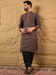 Ethnic Bay Mens Brown Viscose Rayon Ethnic Motifs Embroidered Chikankari Straight Kurta With Pant Set-MKSET1164