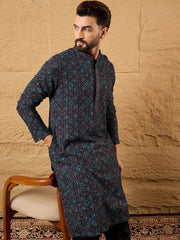 Ethnic Bay Mens Blue Viscose Rayon Abstract Embroidered Chikankari Straight Kurta With Pant Set-MKSET1172