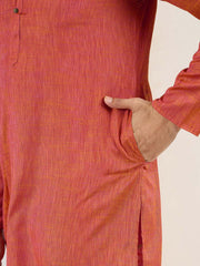 Ethnic Bay Men Orange Cotton Solid Woven Design Straight Kurta With Pant Set-MKSET1094