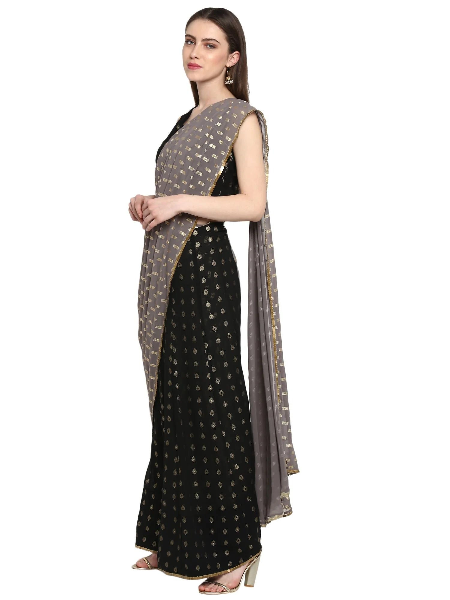 Black Georgette Foil Print Ready to Wear Saree | Indian Sari