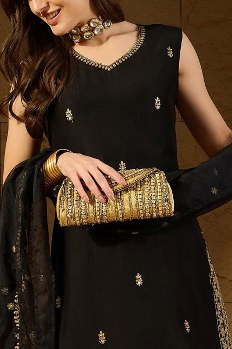 Black Silk Blend Embroidered Straight Kurta Palazzo With Dupatta HOPKS