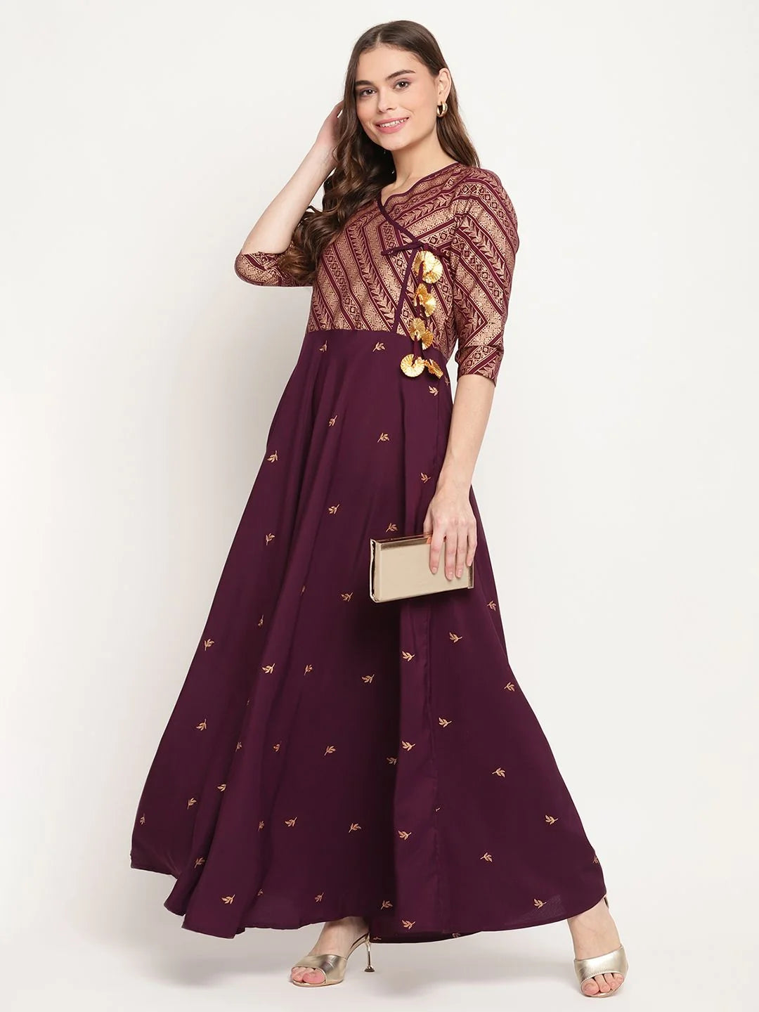Wine Glitter Print Indian Kurta: Festive Kurtis for Ladies