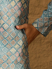 Ethnic Bay Men Blue Viscose Rayon Solid Embroidered Straight Kurta With Pant Set-MKSET1391