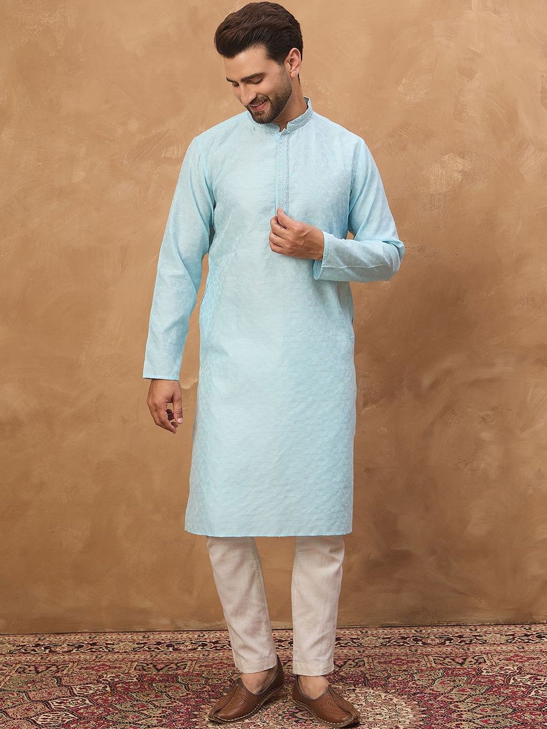 Ethnic Bay Men Blue Silk Blend Solid Embroidered Straight Kurta With Pant Set-MKSET1452