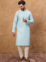 Ethnic Bay Men Blue Silk Blend Solid Embroidered Straight Kurta With Pant Set-MKSET1452