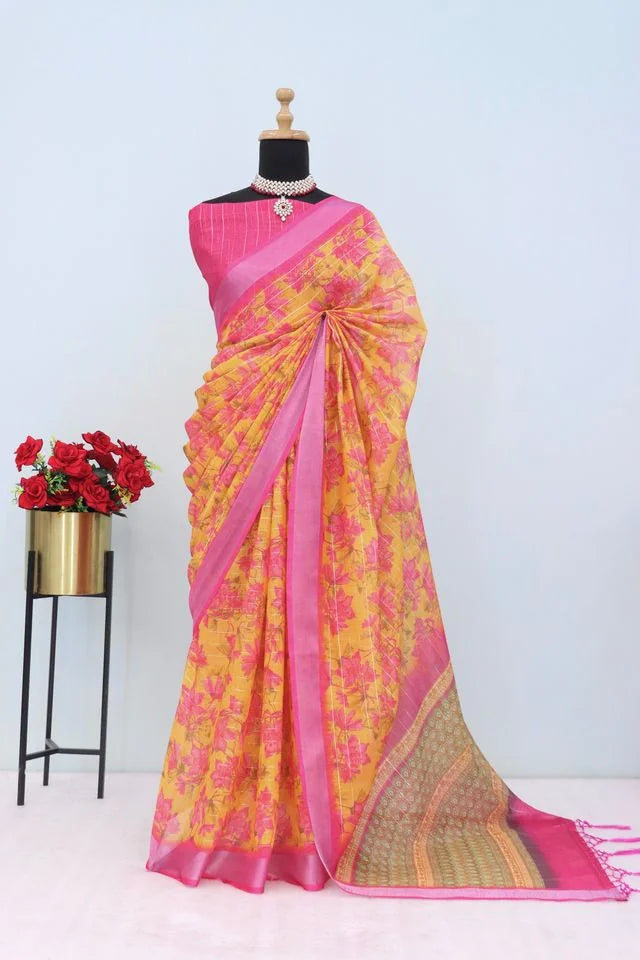 Linen Digital Print Pink Saree With Unstiched Blouse Piece-MPHL-25-PINK