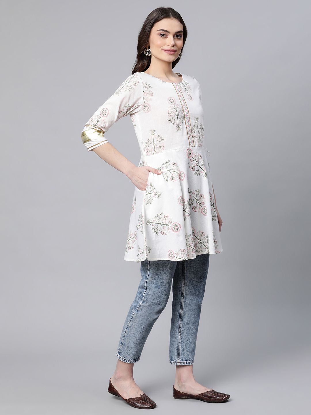Off White Floral Cotton Tunic Top - Indian Kurta for Women
