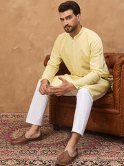 Ethnic Bay Men Yellow Silk Blend Solid Embroidered Straight Kurta With Pant Set-MKSET1507