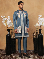 Men's Royal Blue Geometric Embroidered Indo-Western Set ( 50JIND 123 Blue )