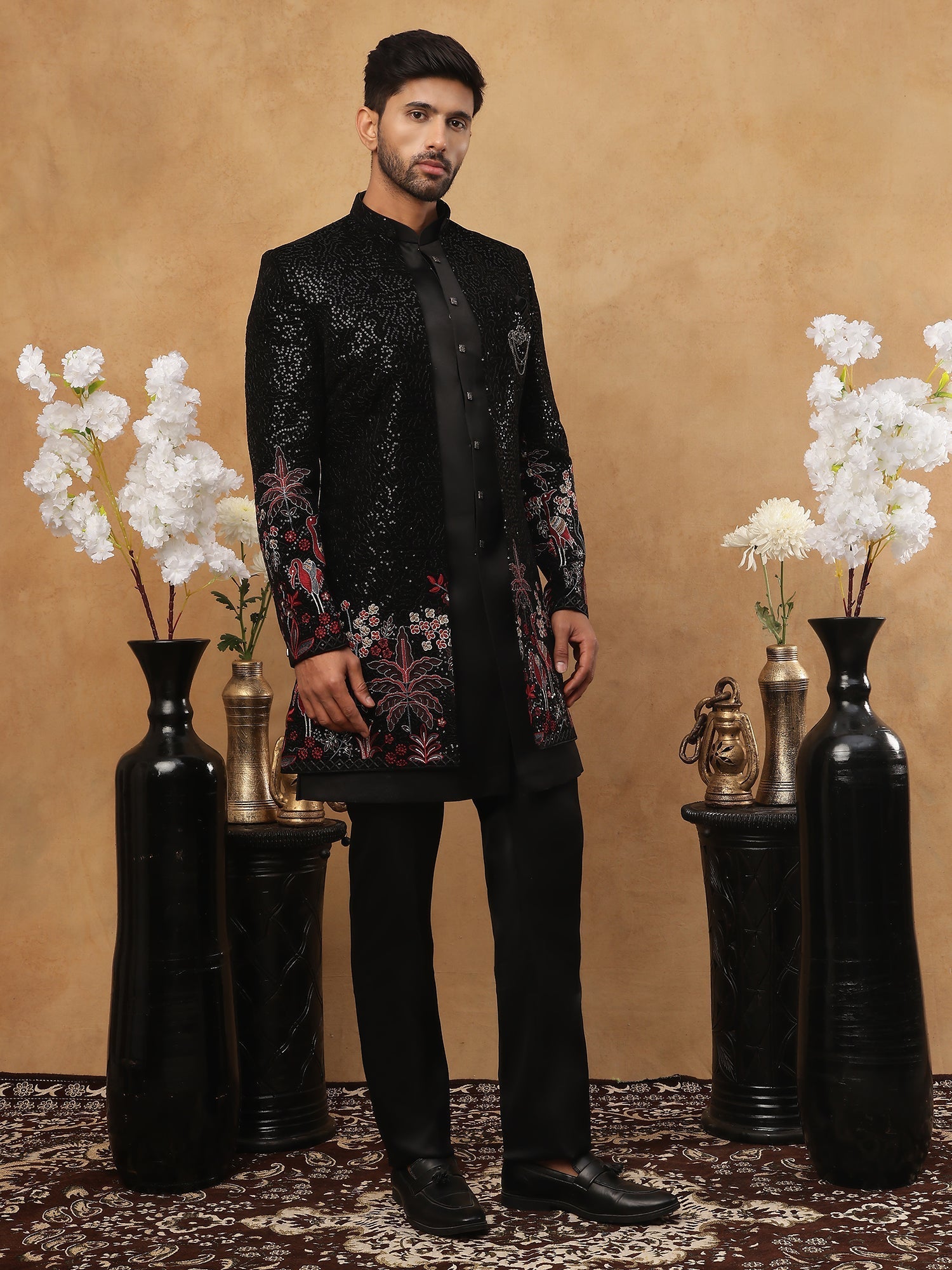 DesiQlo Men Black Sequin Texture (Body) + Bird/Floral Embroide...