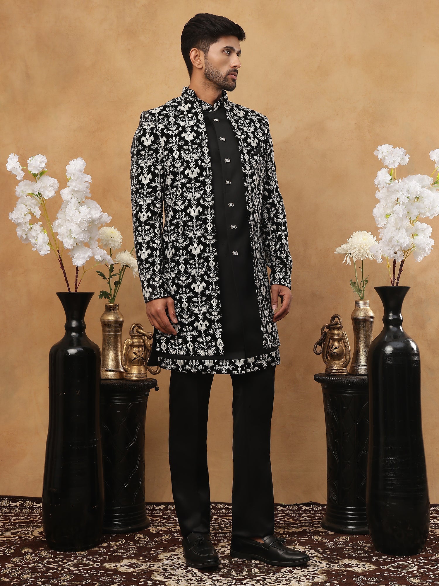 DesiQlo Men Heavy Floral/Botanical Contrast Embroidery Indo We...