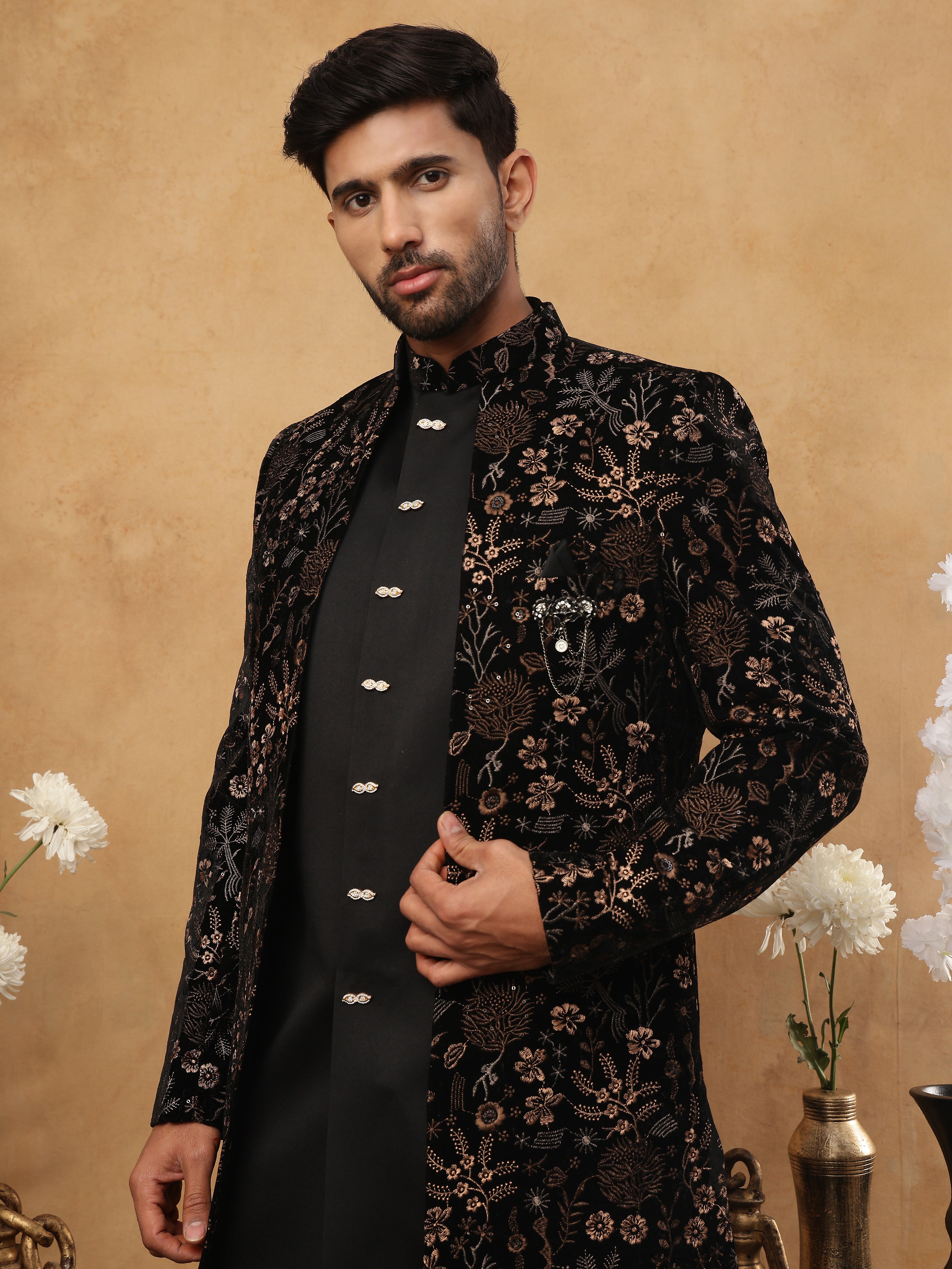 DesiQlo Men All-over Floral Indo Western Set - Gold