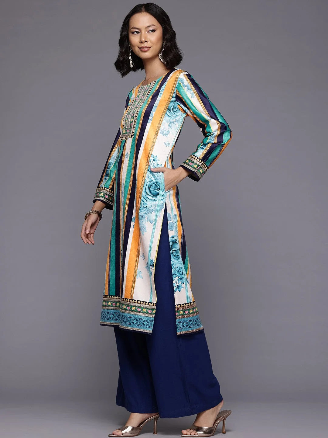 Striped Velvet Indian Kurtas - Shop Ladies Gotta Patti Kurtis