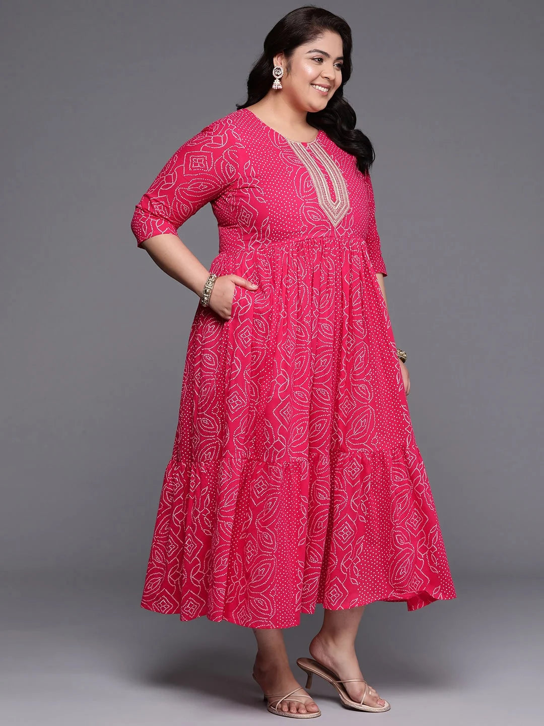Plus Size Printed Fit & Flare Midi Cotton Indian Dress